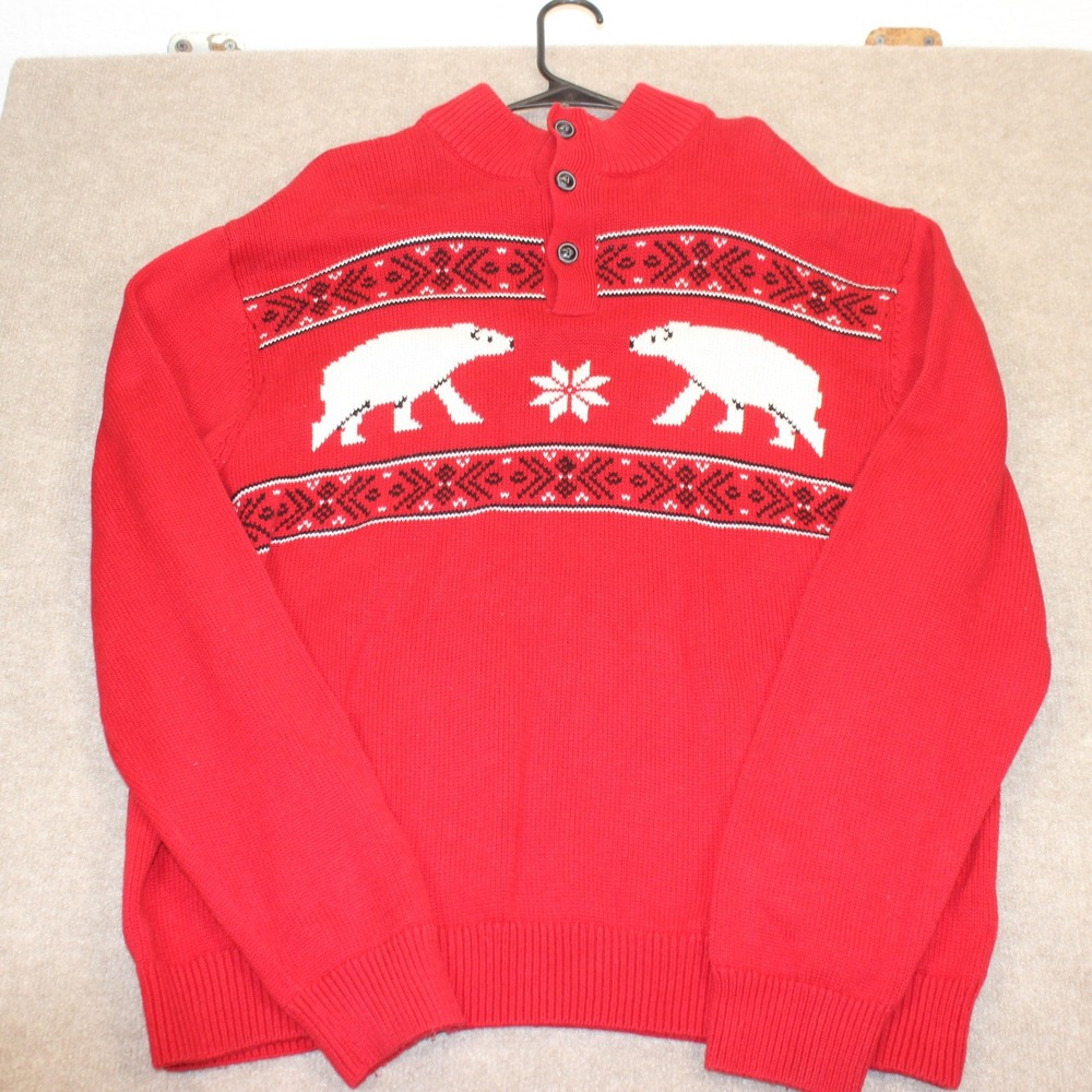 Chaps Mens XXL Red Polar Bear Fair Isle Mock Neck Cotton Sweater Holiday Winter